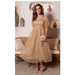 Dumene | Vestido Tule Bordado Bege