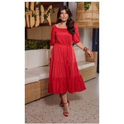 Dumene | Vestido Babado Twill Vermelho