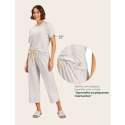 Recco | Pijama Blusa Manga Curta e Calça Pantacur de Viscose Listarda