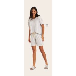 Recco | Pijama Blusa Manga Curta e Shorts Meia coxa de Viscose Listarda