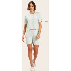 Recco | Pijama Blusa Manga Curta e Shorts Meia coxa de Viscose Listarda Rosa