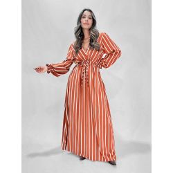 Maria Poa | Vestido Damasco Longo Laranja