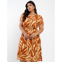 Dona Charme | Vestido Curto Linho misto Estampado c/Pesponto