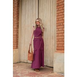 Le Rizz | Conjunto saia sereia com bolso cargo e blusa em linho e viscose Marsala