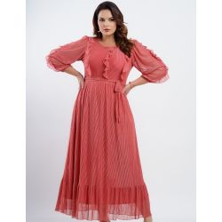 Dona Charme | Vestido Longo de Tule Listrado Com Babado