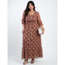 Dona Charme | Vestido Longo Tule Poa Marrom