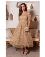 Dumene | Vestido Tule Bordado Bege