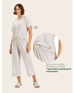 Recco | Pijama Blusa Manga Curta e Calça Pantacur de Viscose Listarda