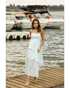 Le Rizz |Vestido Midi Tomara que Caia c/ Peplum  Assim&eacute;trico