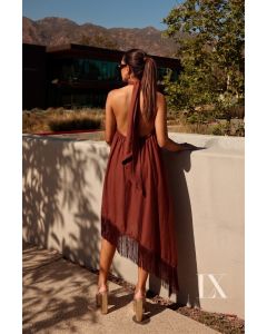Luxo | Vestido Assim&eacute;trico c/ Franjas Catarina Marrom 