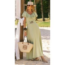 Cora Canela | Vestido Slub c/ Linho Verde Chá