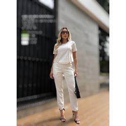 Julia Rodrigues | Conjunto Linho Risca Giz Off White
