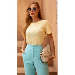 Cora Canela | T-shirt Viscolycra Amarelo-Azul