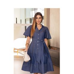 Imperio By Titanium | Vestido Jeans Listrado Evasê com Babado 