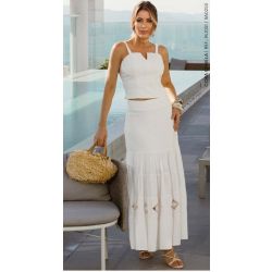 Cora Canela | Saia Viscolinho c/ Elastano Off White com detalhes 