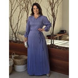 Dona Charme | Vestido Longo Azul listrado
