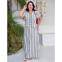 Dona Charme | Vestido Longo Linho Listrado