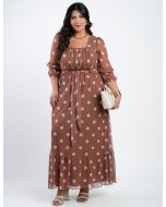 Dona Charme | Vestido Longo Tule Poa Marrom