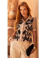 Cora Canela | Camisa Malha Tela Bege-Preto