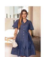 Imperio By Titanium | Vestido Jeans Listrado Evasê com Babado 