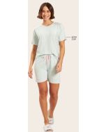 Recco | Pijama Blusa Manga Curta e Shorts Meia coxa de Viscose Listarda Rosa