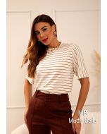Madri Belle | T-shirt Amora Listrado Off White com Marrom