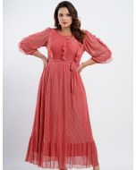 Dona Charme | Vestido Longo de Tule Listrado Com Babado
