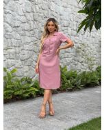 Julia Rodrigues | Vestido Linho Mescla Manga Curta Rosê