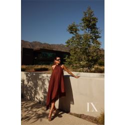 LUXO - VESTIDO ASSIMÉTRICO COM FRANJAS CATARINA MARROM